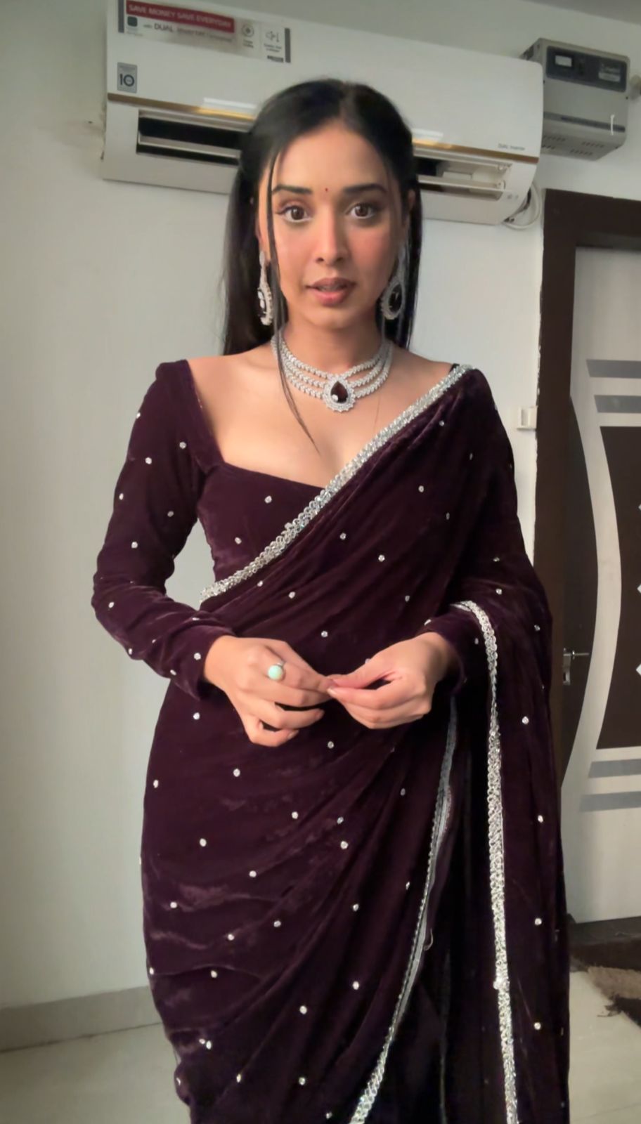 Awesome Purple Color Ready To Wear Velvet Saree