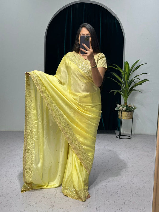 Elegant Lemon Color Chinon Saree