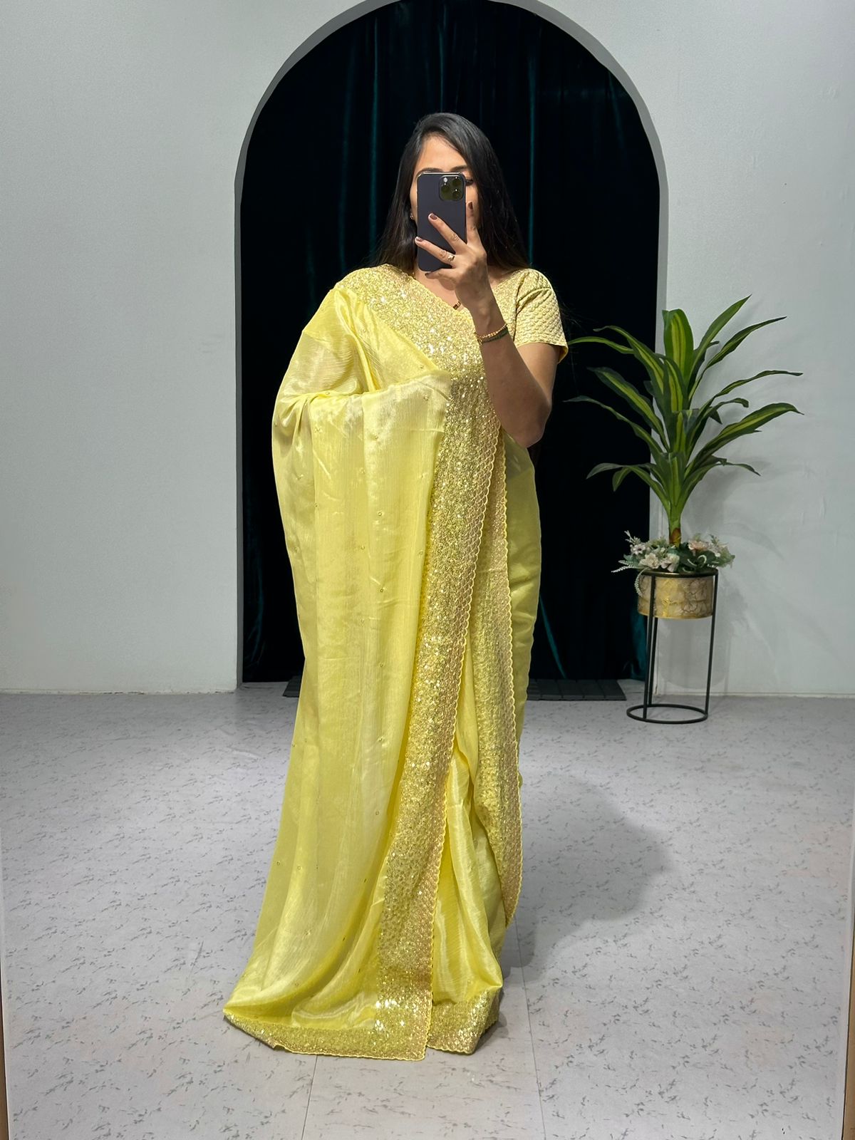 Elegant Lemon Color Chinon Saree