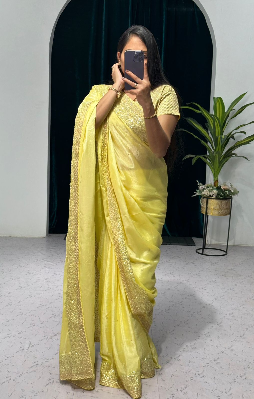 Elegant Lemon Color Chinon Saree