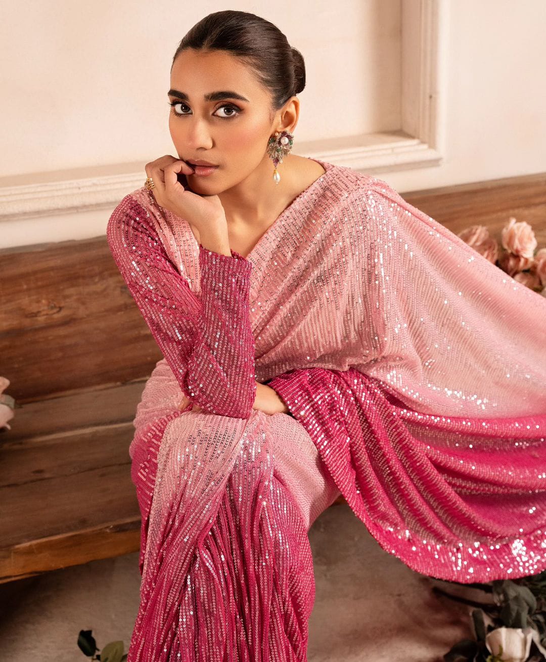 A Presenting Bollywood Pink Color Sequence Saree