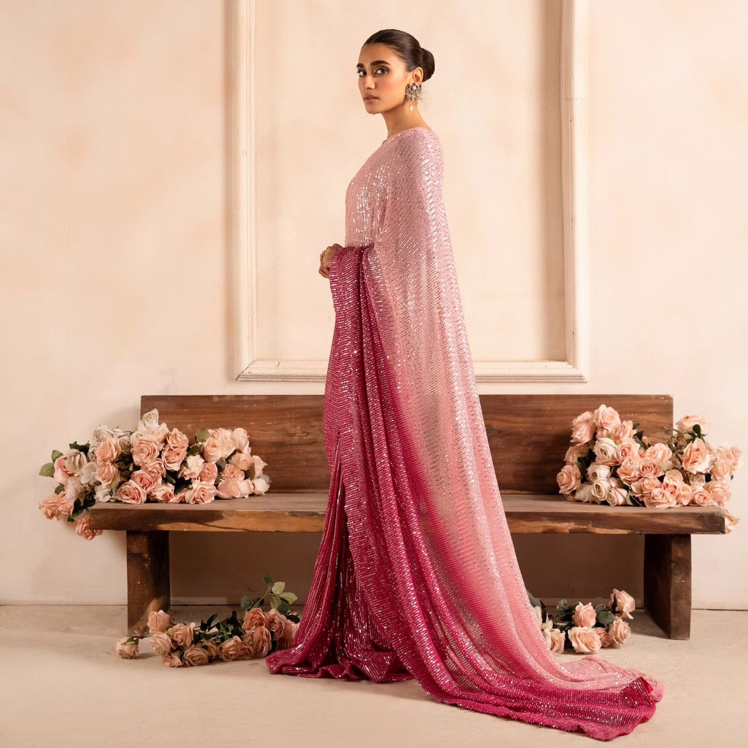 A Presenting Bollywood Pink Color Sequence Saree