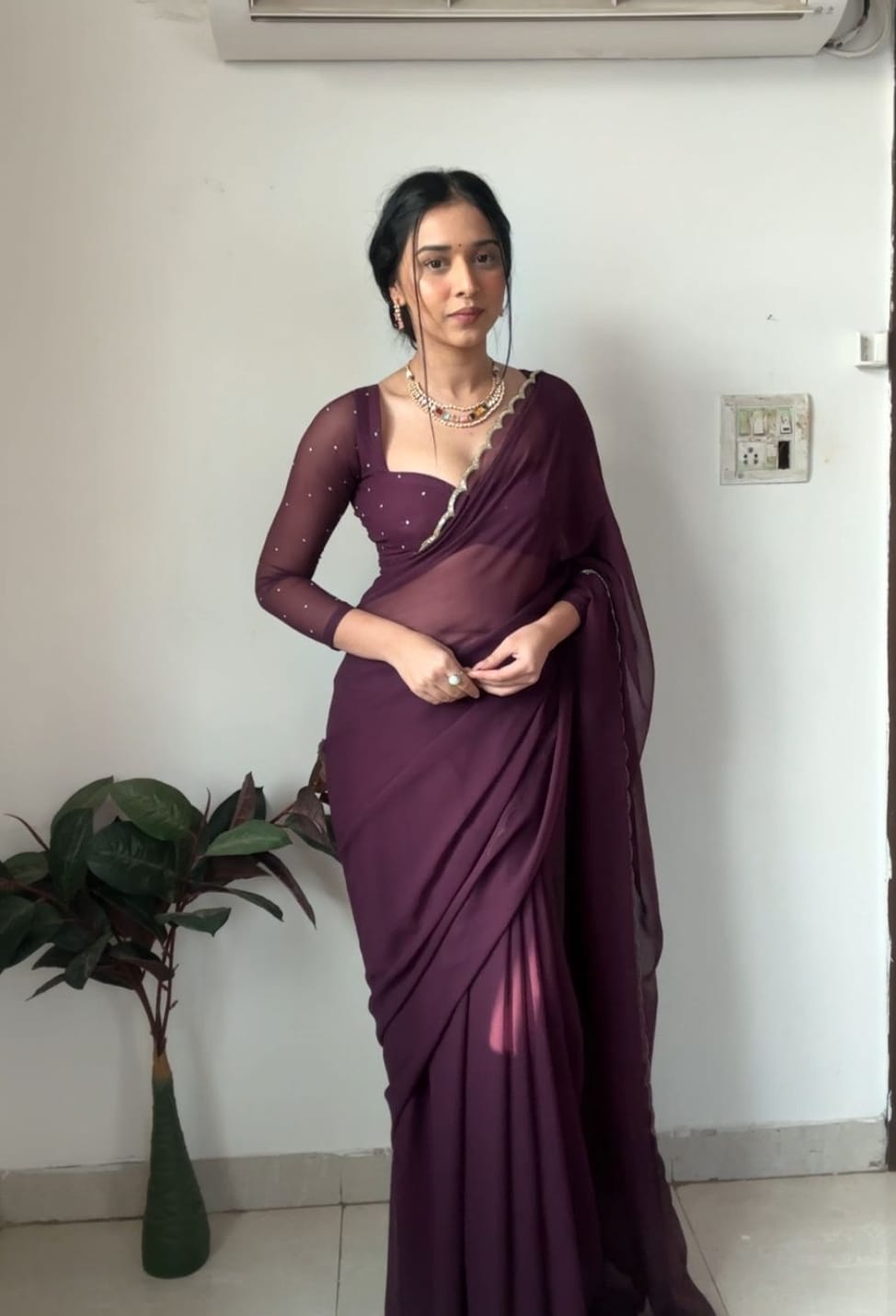 Pretty Georgette Ready To Wear Wine Color Saree