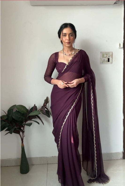 Pretty Georgette Ready To Wear Wine Color Saree