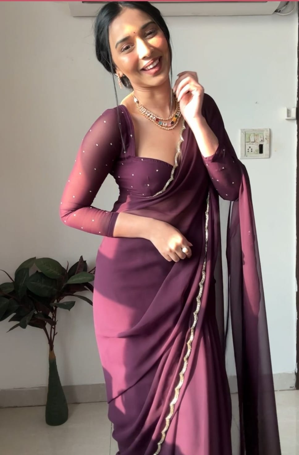 Pretty Georgette Ready To Wear Wine Color Saree