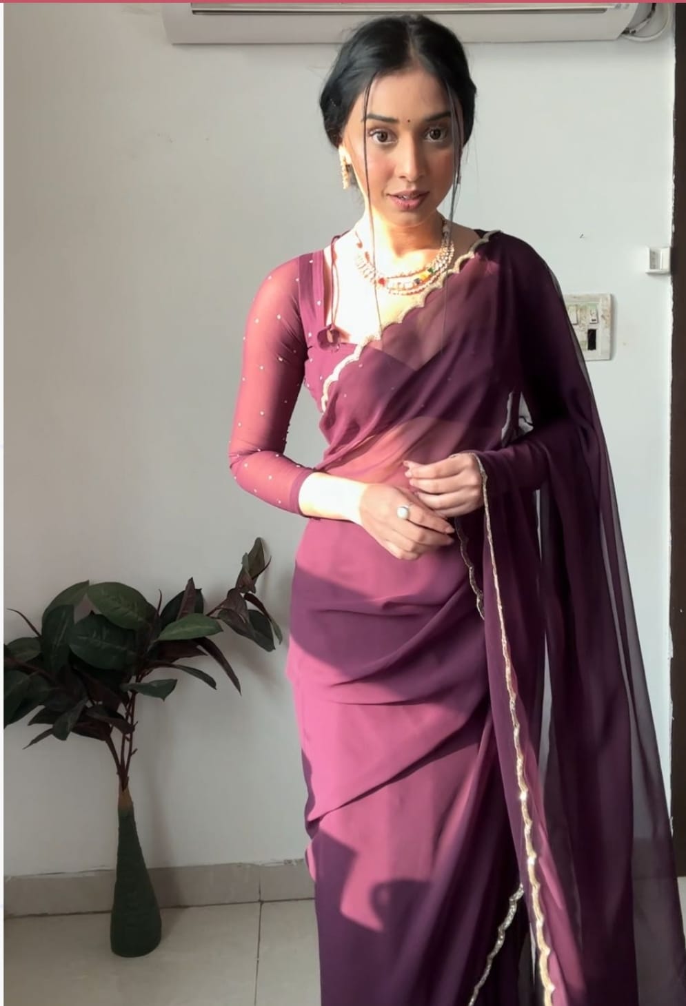 Pretty Georgette Ready To Wear Wine Color Saree