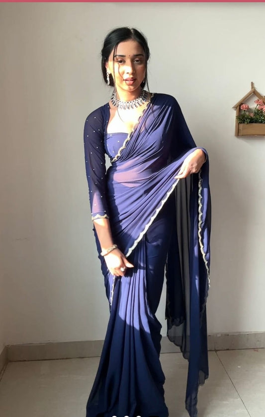 Shining Blue Color Georgette Ready To Wear Saree