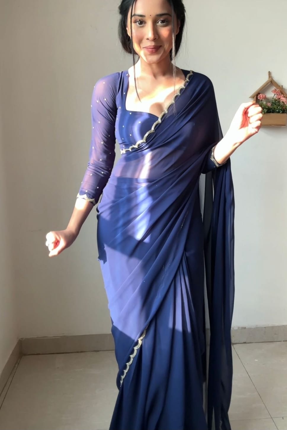 Shining Blue Color Georgette Ready To Wear Saree