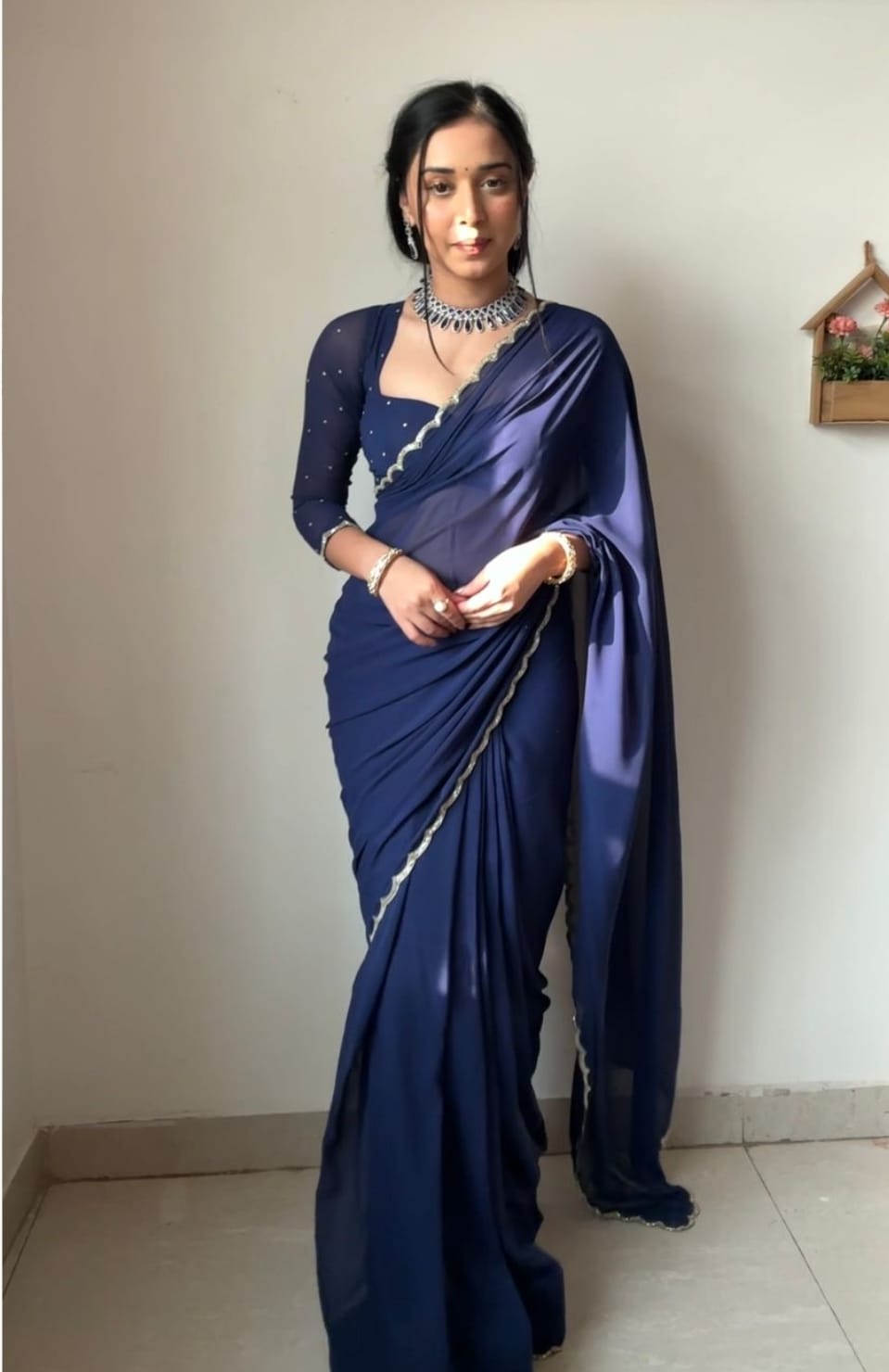 Shining Blue Color Georgette Ready To Wear Saree