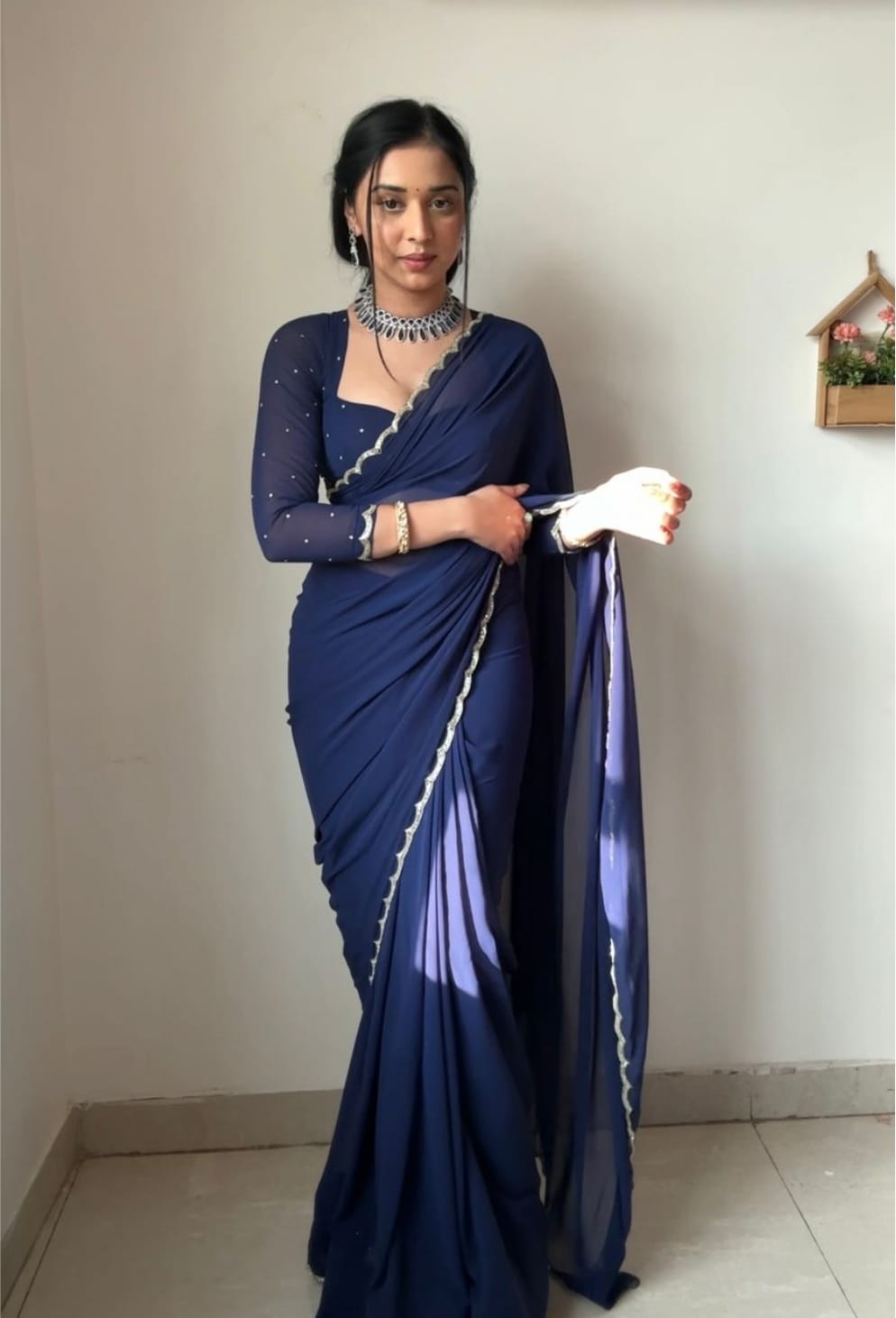 Shining Blue Color Georgette Ready To Wear Saree