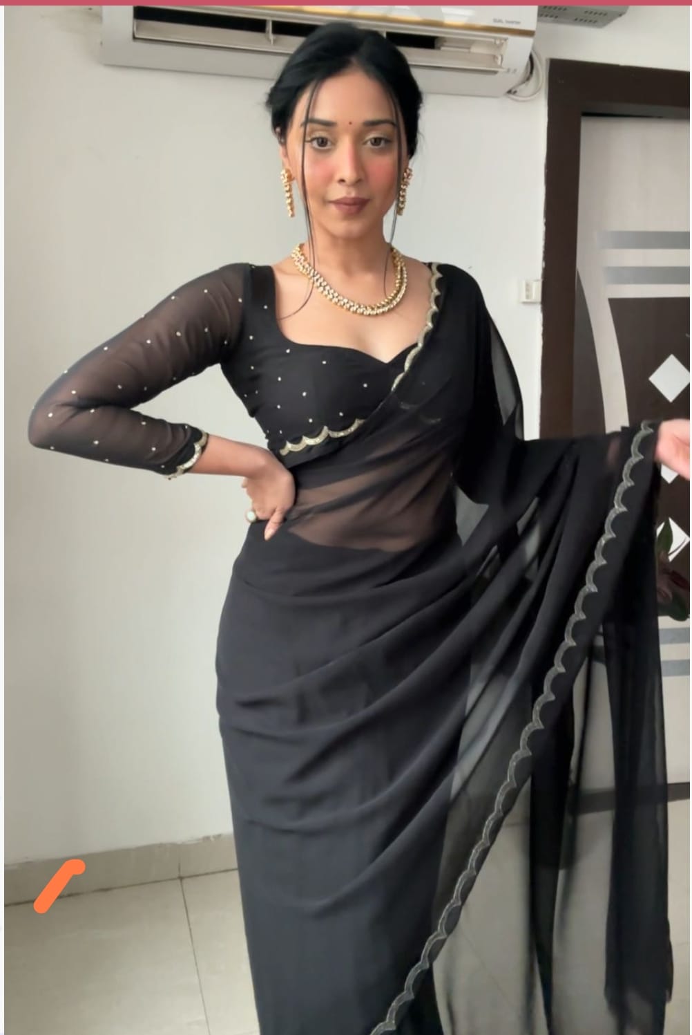 Shining Black Color Georgette Ready To Wear Saree