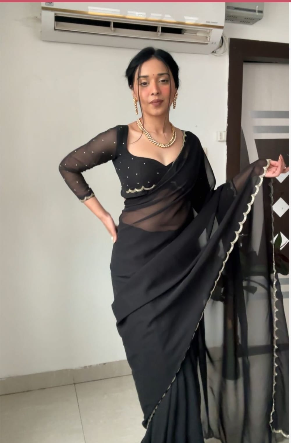 Shining Black Color Georgette Ready To Wear Saree