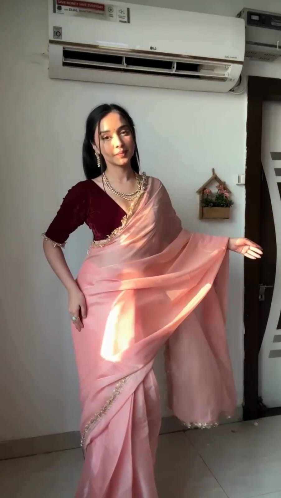 Precious Baby Pink Color Ready To Wear Silk Saree