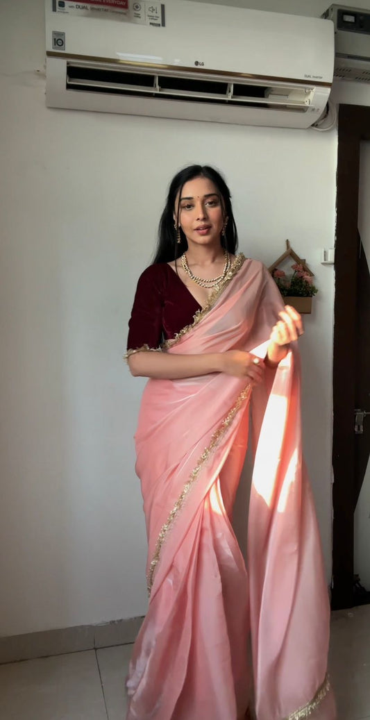 Precious Baby Pink Color Ready To Wear Silk Saree