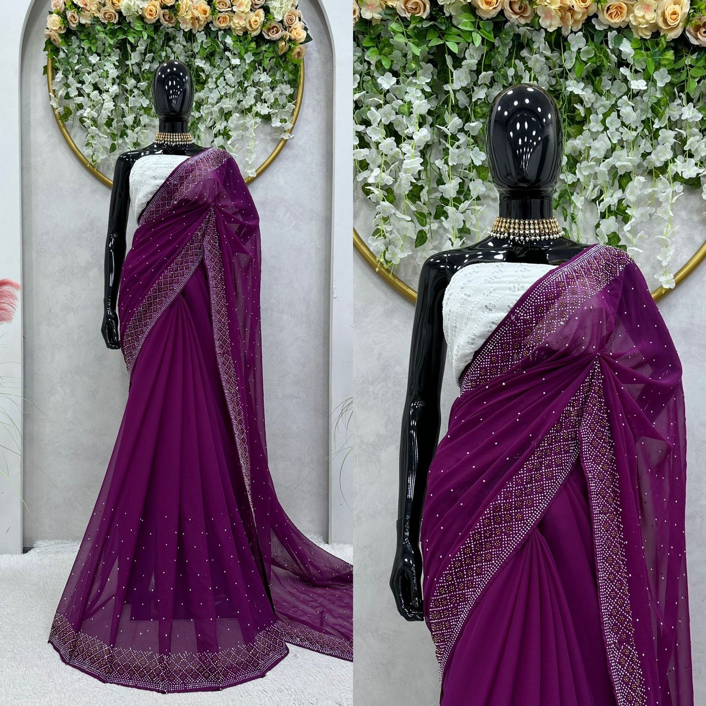 Wonderful Wine Color Faux Georgette Silk Saree