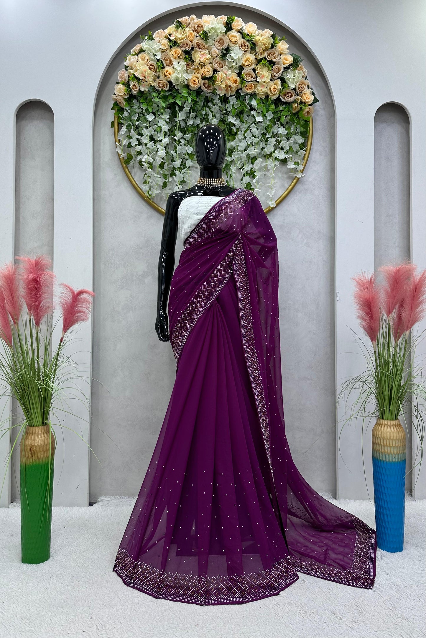 Wonderful Wine Color Faux Georgette Silk Saree