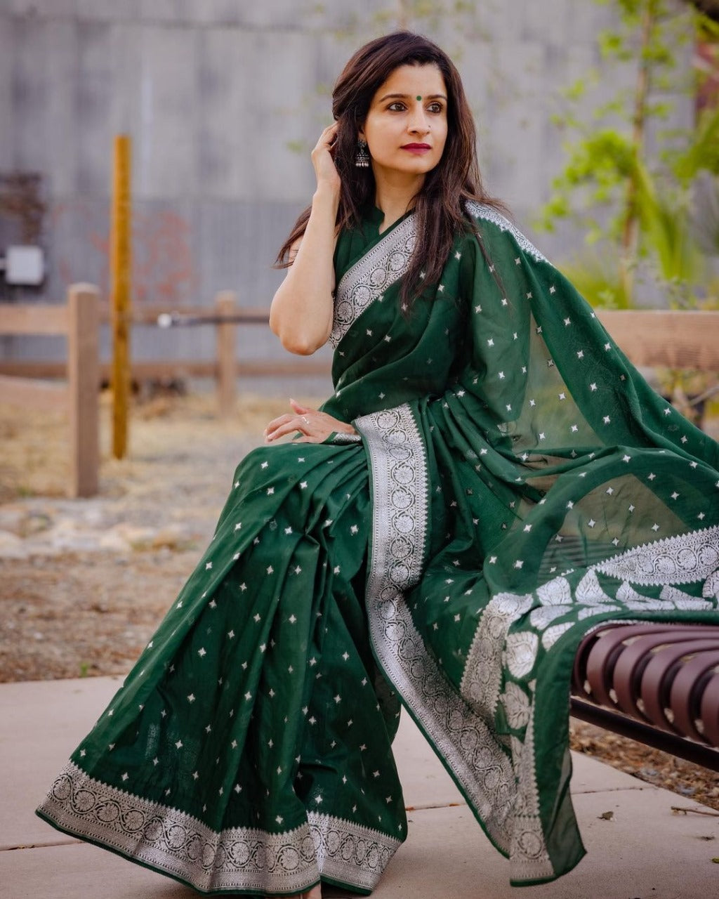 Function Wear Jari Work Green Color Saree