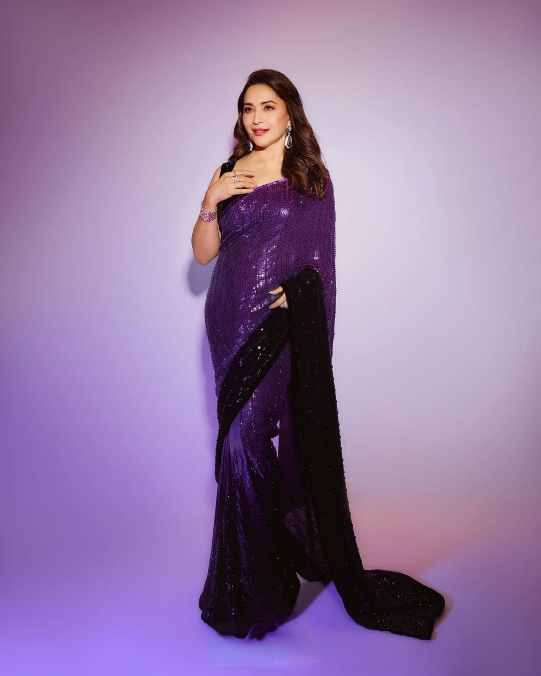 Madhuri Dixit Bollywood Sequence Purple Color Saree