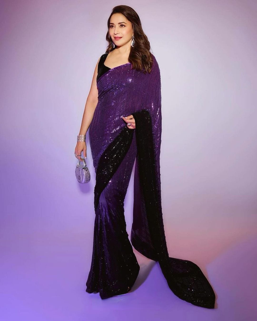 Madhuri Dixit Bollywood Sequence Purple Color Saree