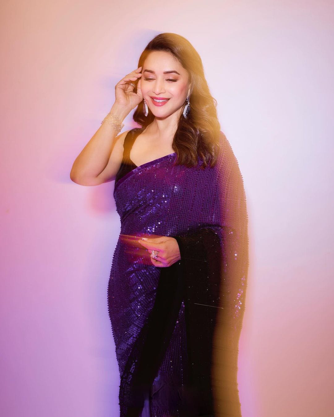 Madhuri Dixit Bollywood Sequence Purple Color Saree