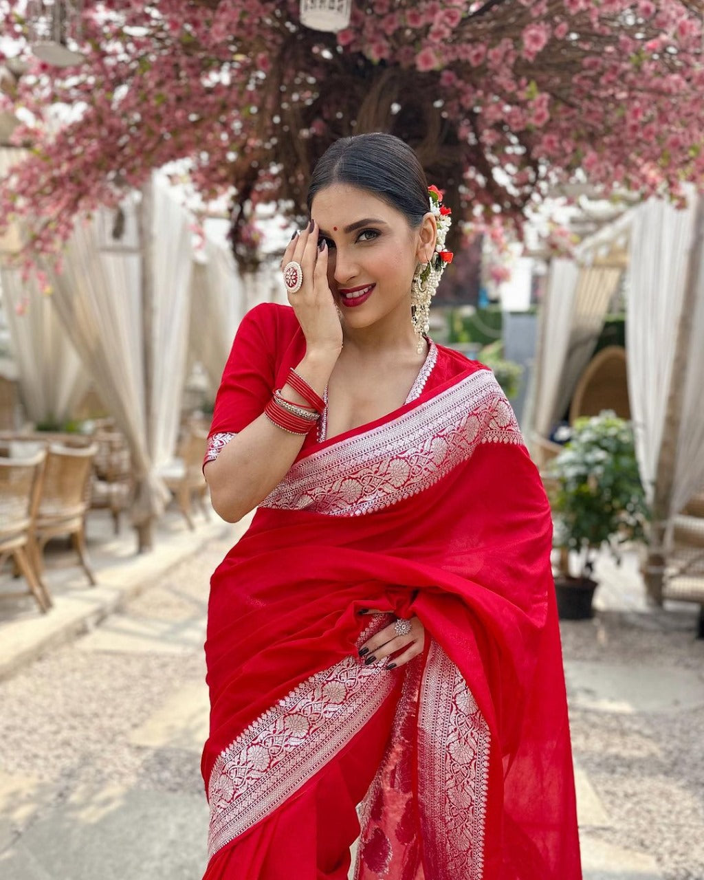 Eyes Catching Jari Work Red Color Saree