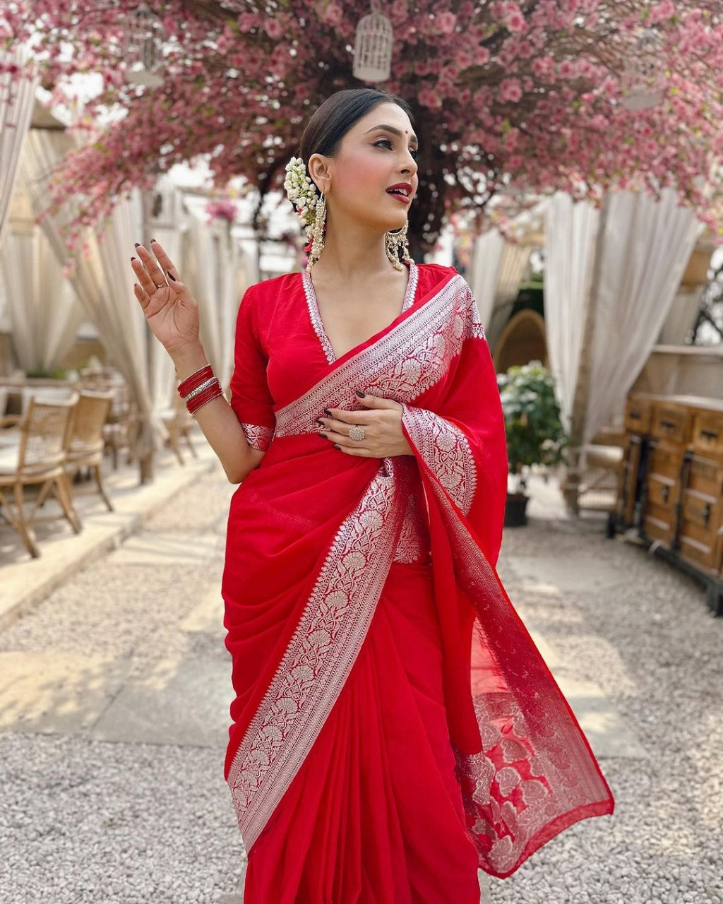 Eyes Catching Jari Work Red Color Saree