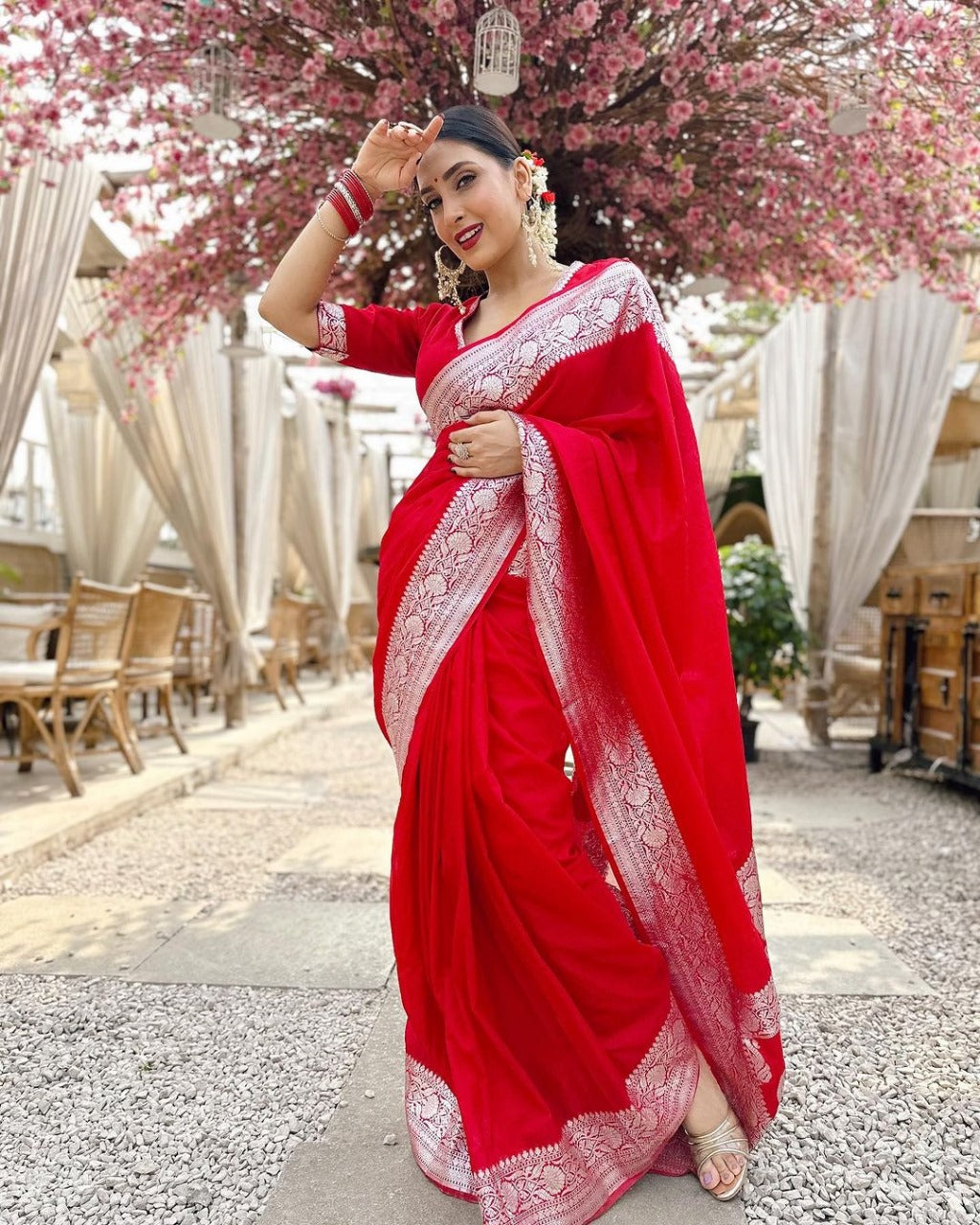 Eyes Catching Jari Work Red Color Saree