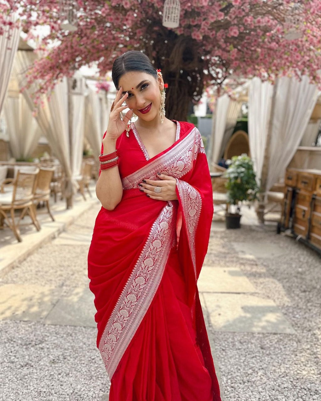 Eyes Catching Jari Work Red Color Saree