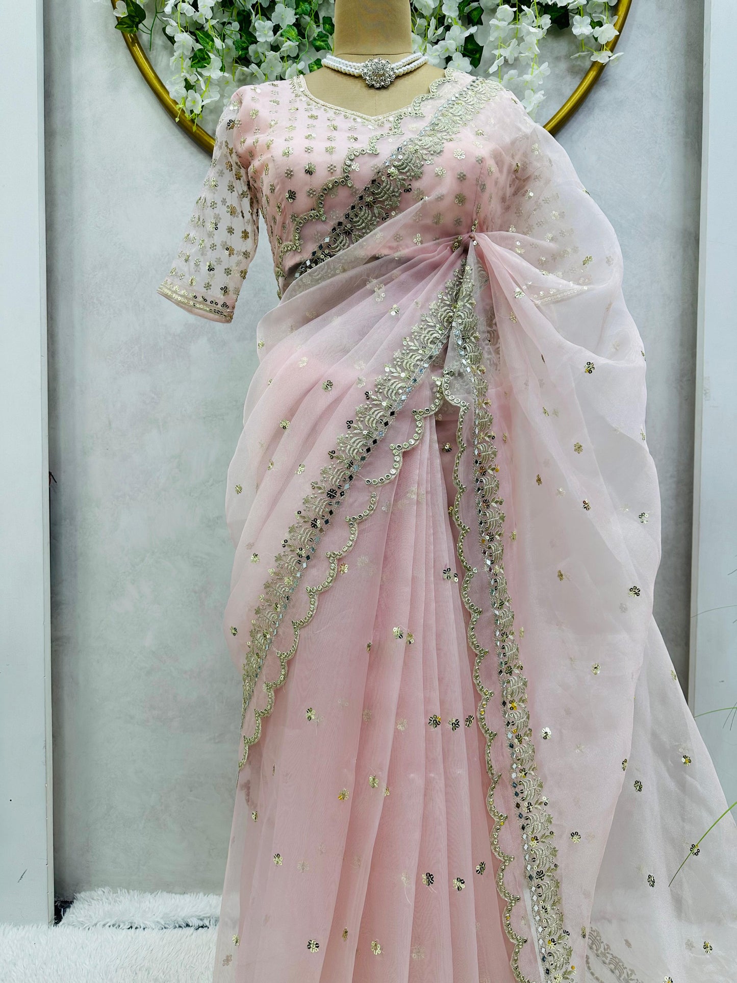 Exotic Organza Silk Baby Pink Color Saree