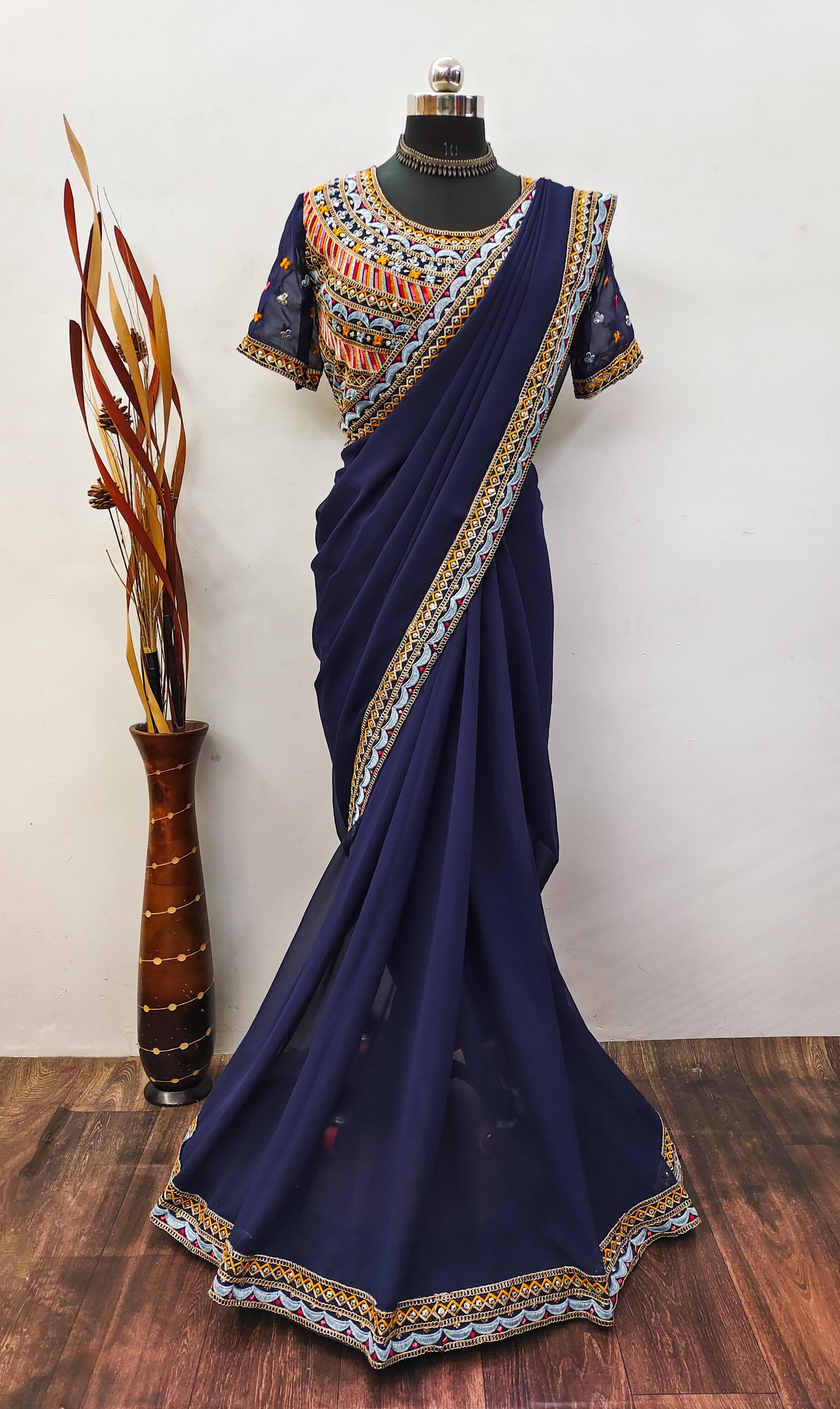 Stunning Georgette Navy Blue Color Saree