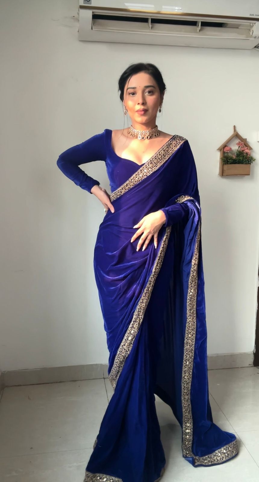 Amazing Ready To Wear Blue Color Velvet Saree