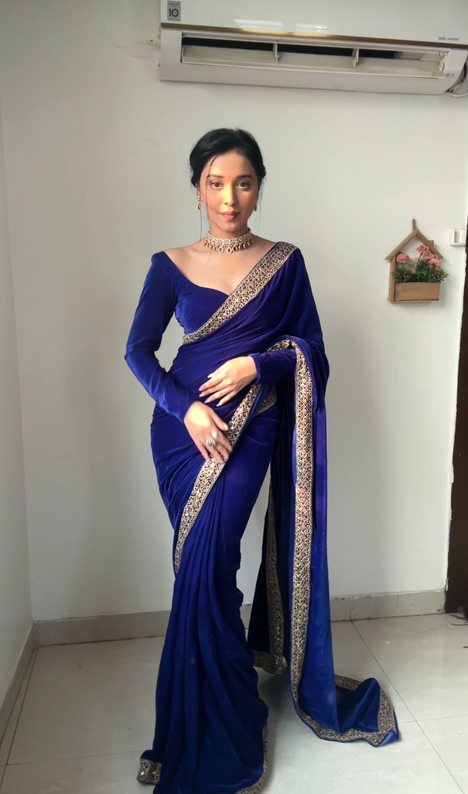 Amazing Ready To Wear Blue Color Velvet Saree