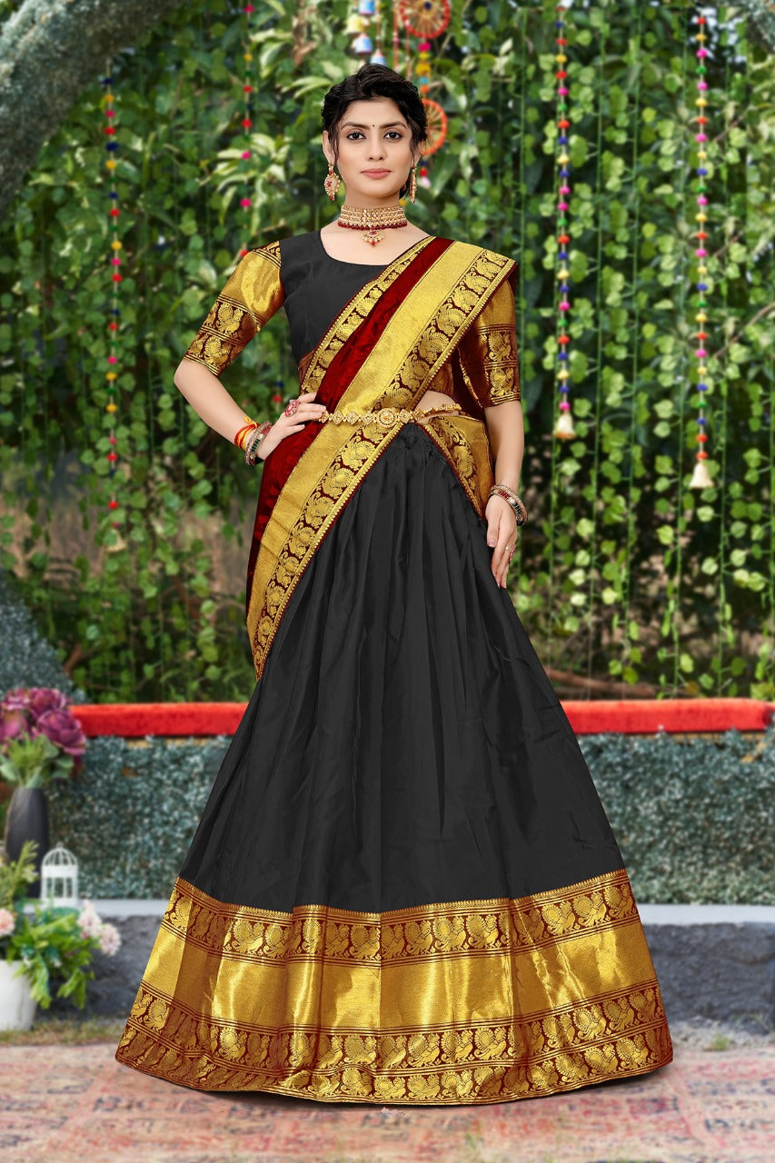 Imposing Kanjiveram Silk Black Color Lehenga Saree