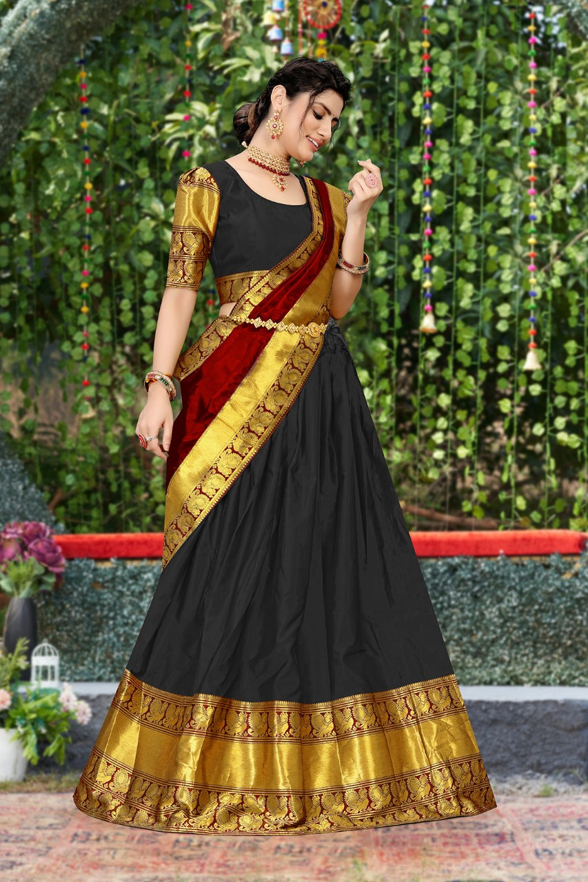 Imposing Kanjiveram Silk Black Color Lehenga Saree