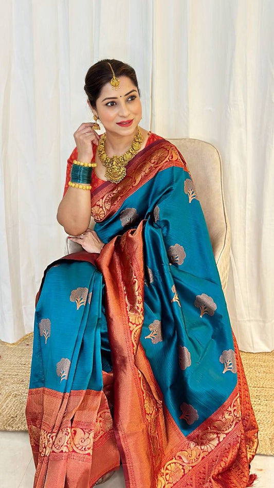 Wonderful Teal Color Jacquard Silk Saree