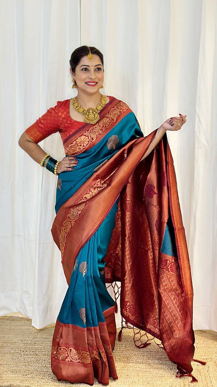 Wonderful Teal Color Jacquard Silk Saree