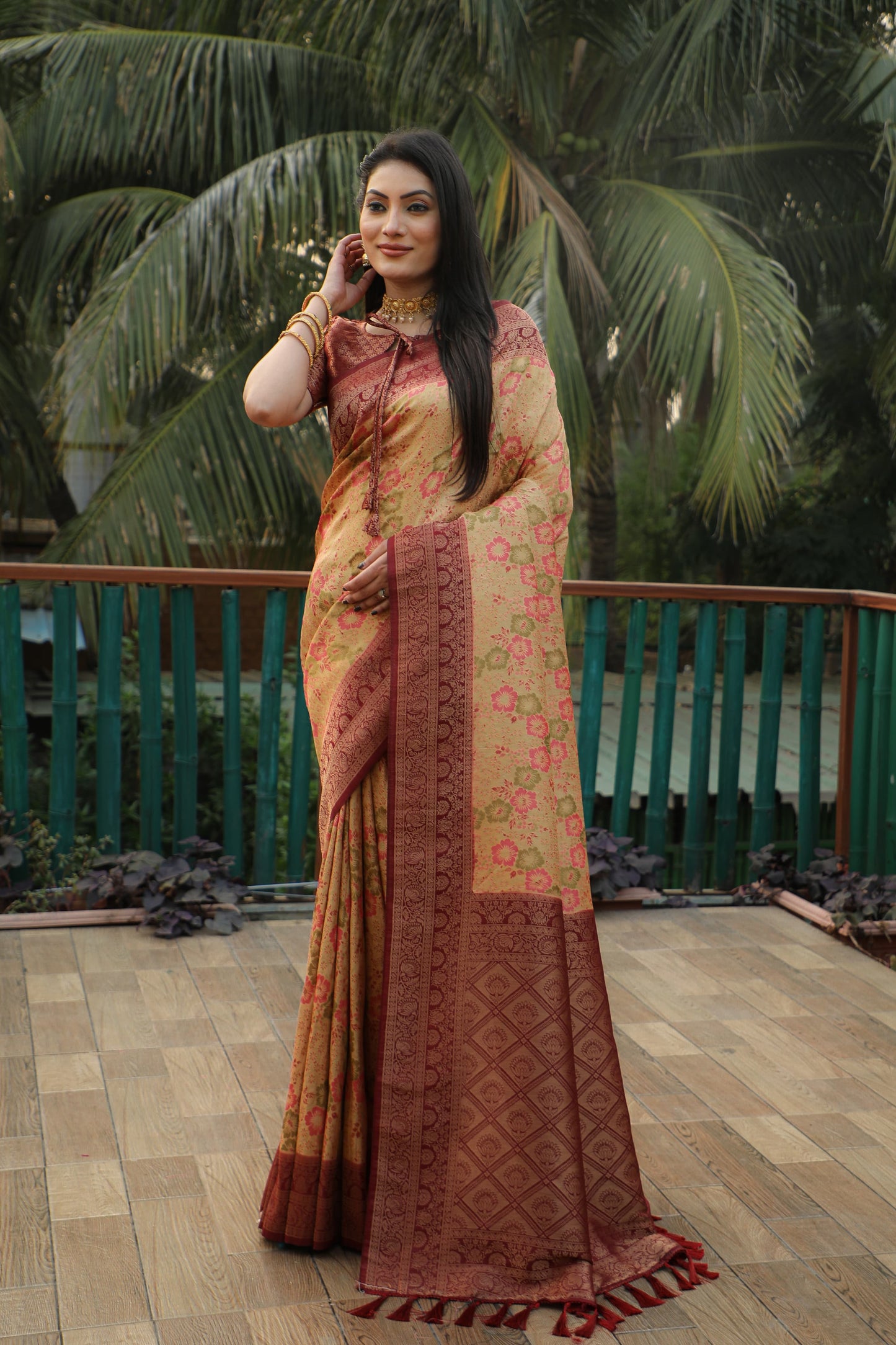 Designer  Soft Silk Kanjivaram Work Brown Color Saree