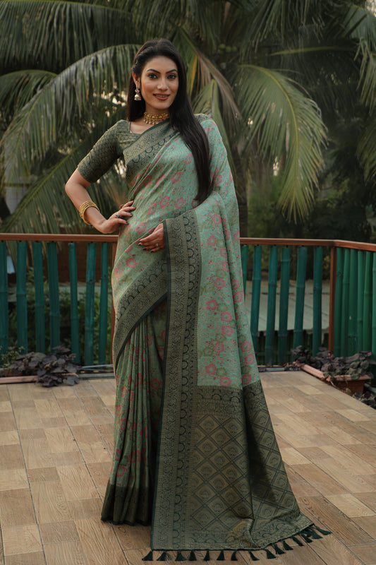 Designer  Soft Silk Kanjivaram Work Green Color Saree