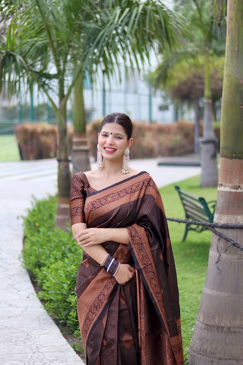 Festive Wear Brown Color Jacquard Silk Saree