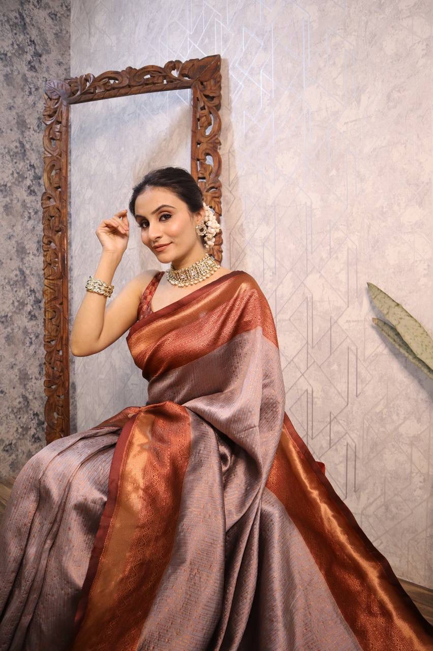 Engagement Wear Grey Color Jacquard Silk Saree