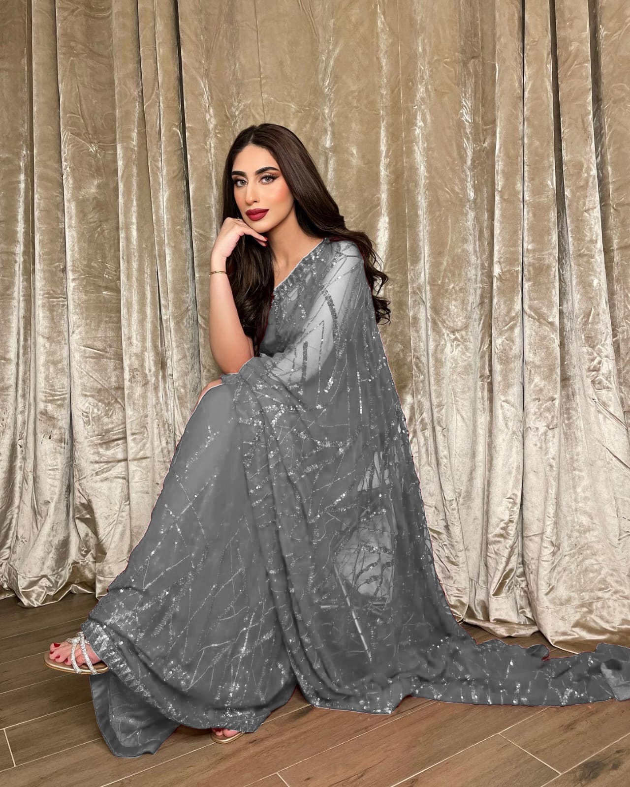 Fantastic Sequence Work Grey Color Saree