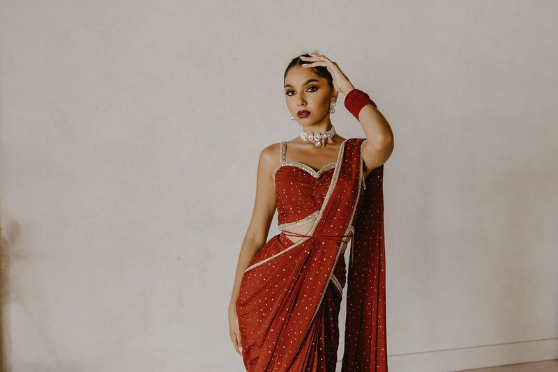 Elegant Red Color Chinon Silk Saree