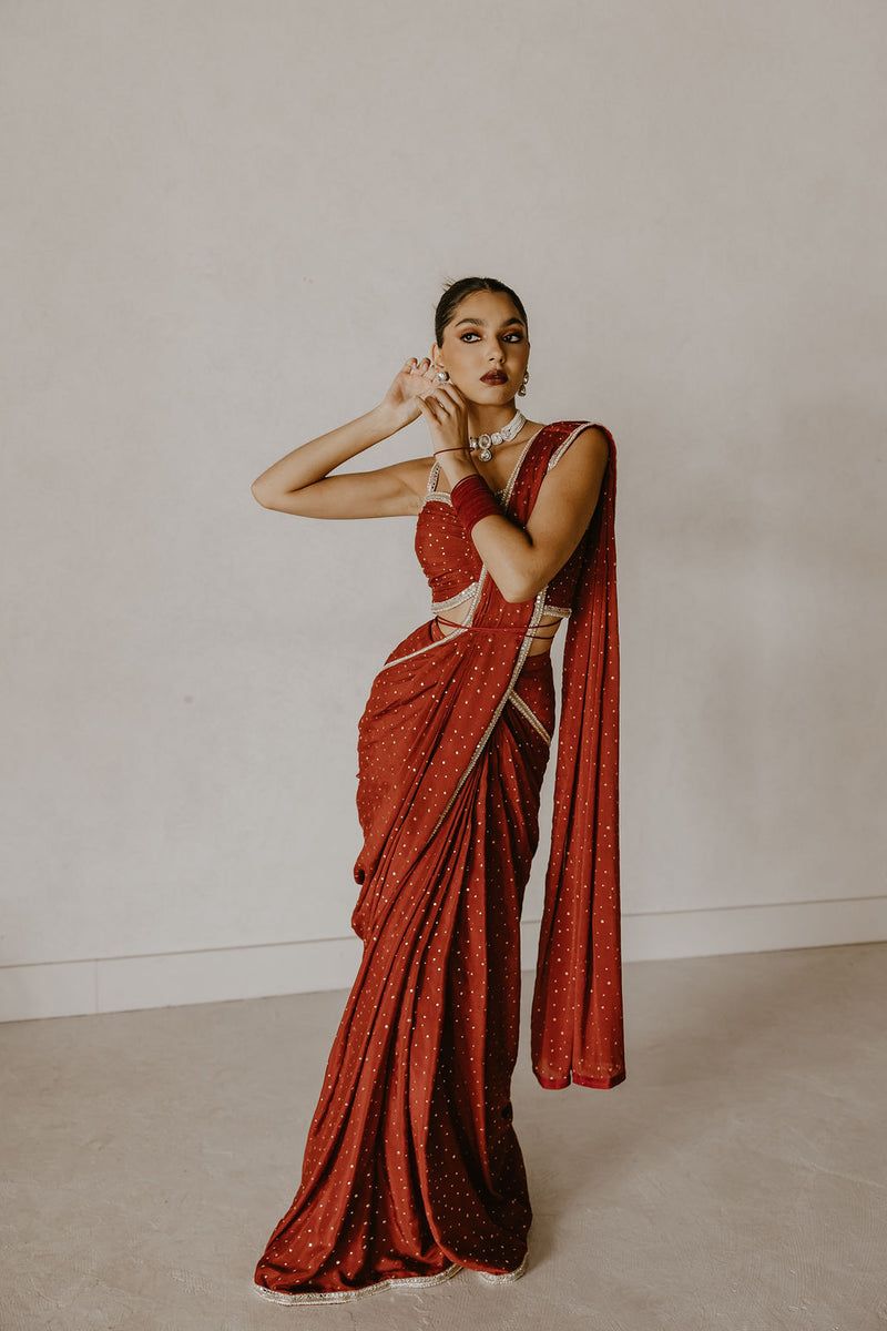 Elegant Red Color Chinon Silk Saree