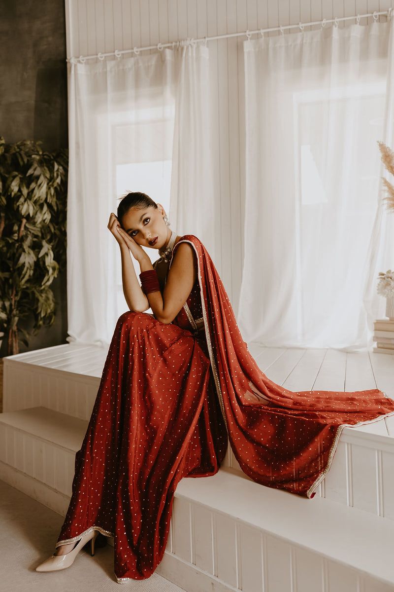 Elegant Red Color Chinon Silk Saree