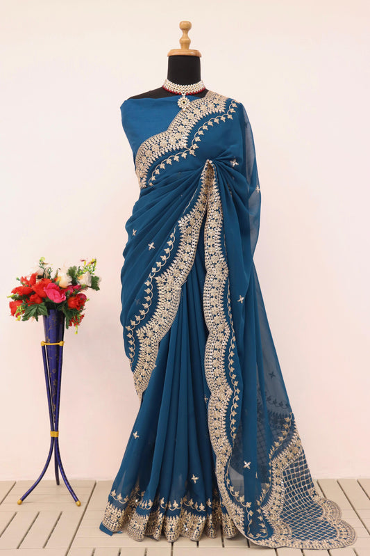 Stunning Georgette Rama Color Saree