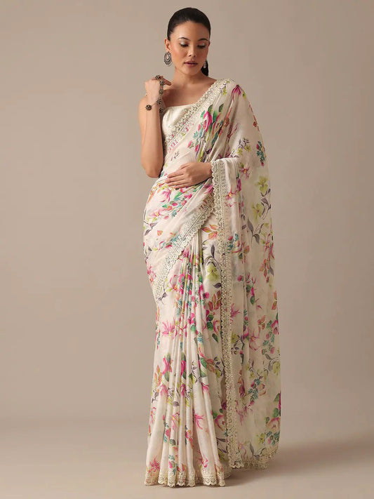 Luxuriant Georgette Off White Color Saree