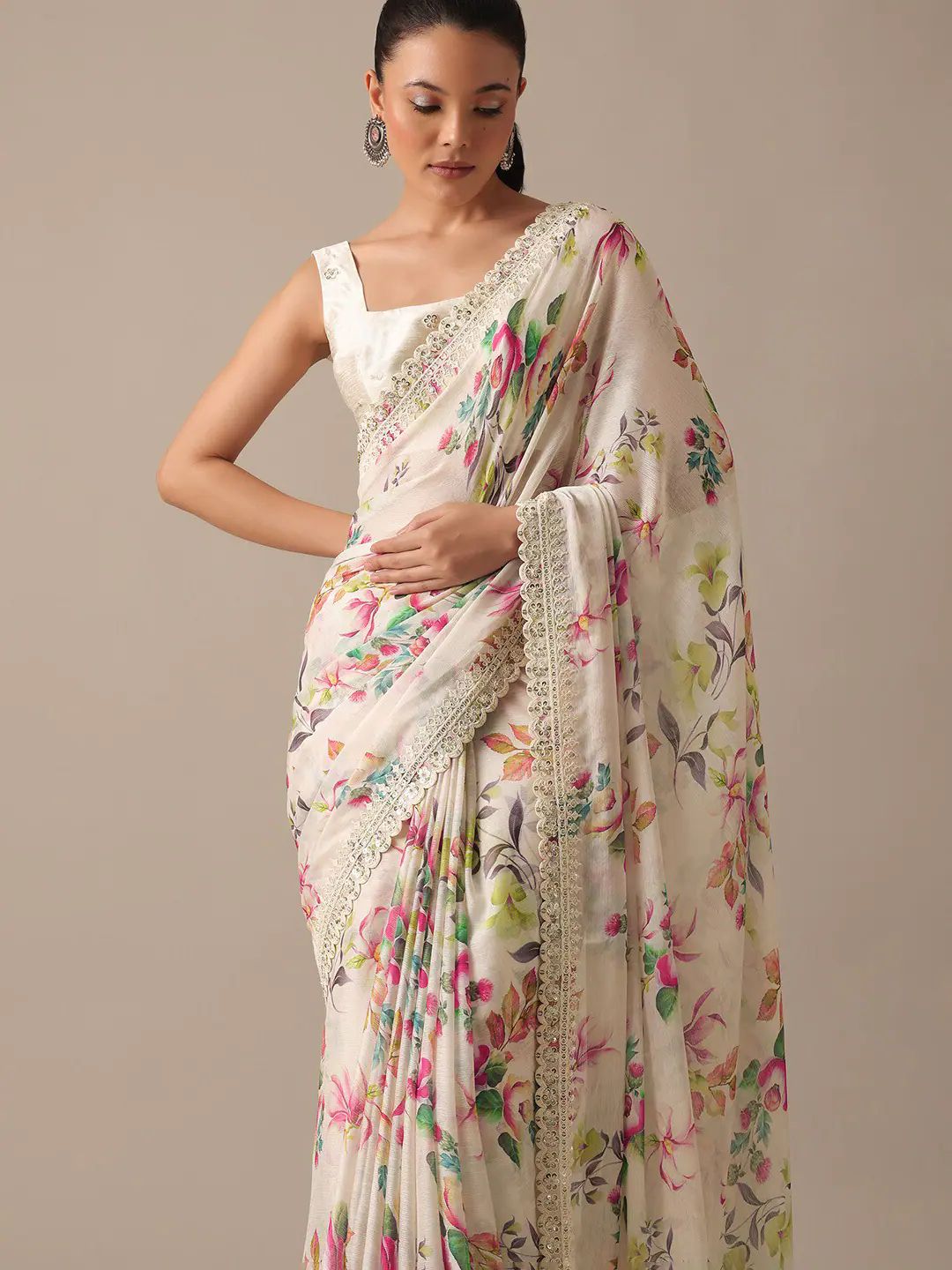 Luxuriant Georgette Off White Color Saree