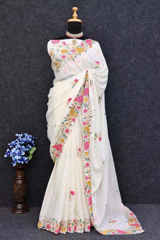 Adorable Chinon Silk White Color Silk Saree