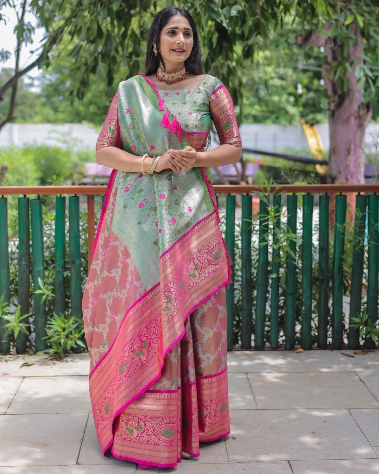 Designer Kanjivaram Silk Pista Color Saree