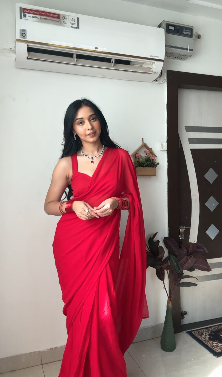 Mesmerizing Georgette Ready To Wear Red Color Saree